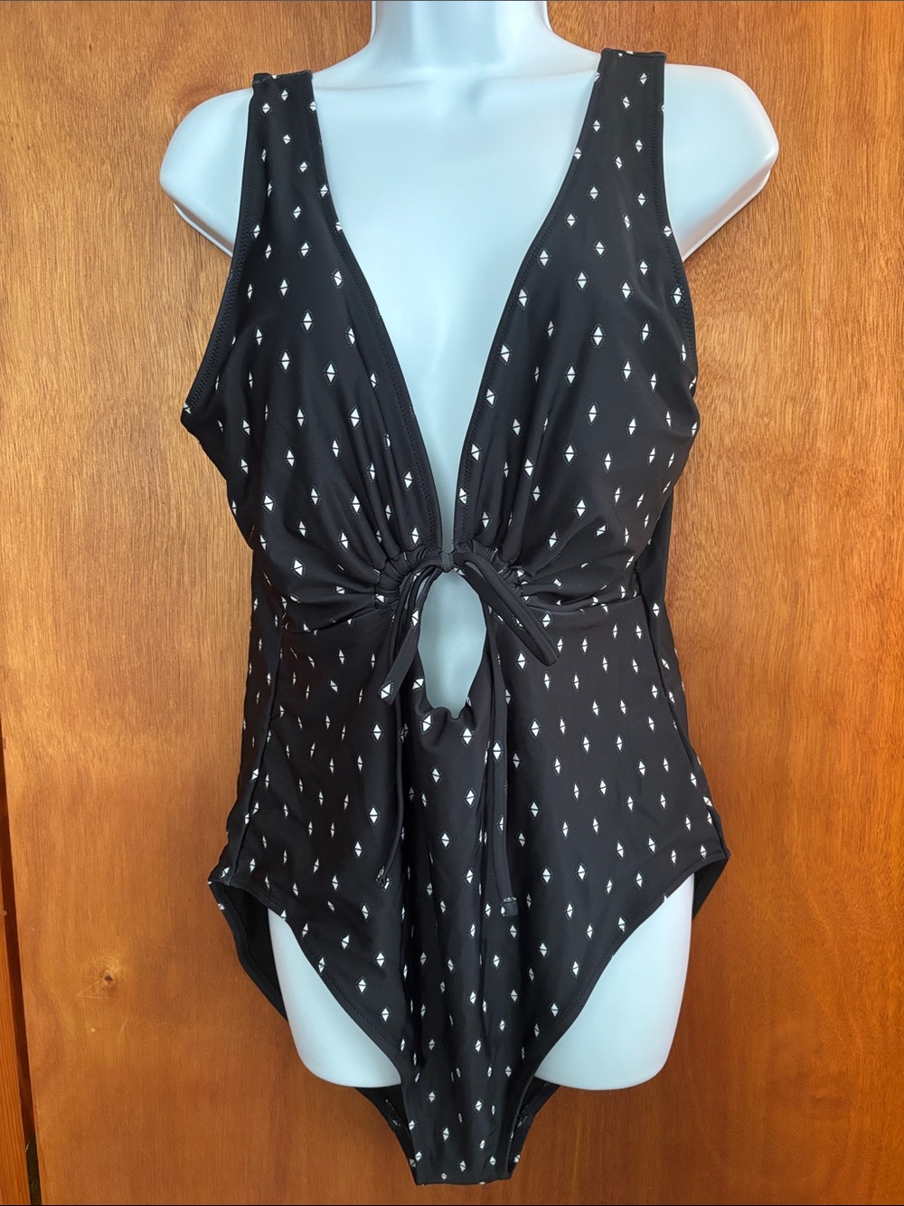 Old Navy: Black One-Piece Swimsuit with White Diamond Print & Cutout
